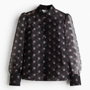 H&M Studio Collection Size M Puff Sleeve Organza Shirt Sheer Top Black Polka Dot